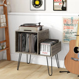 Record Player Stand with Power Outlet and Removable Dividers-Grey
