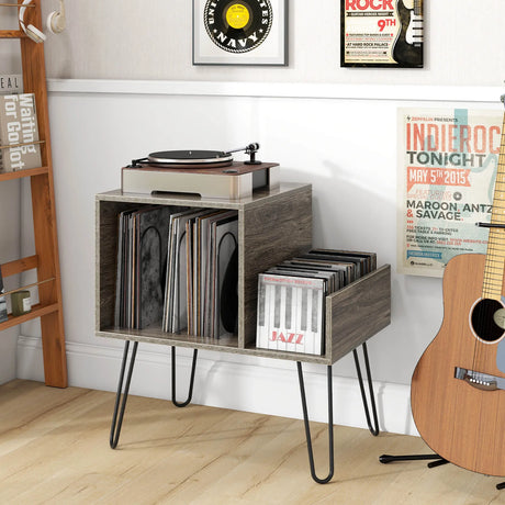 Record Player Stand with Power Outlet and Removable Dividers-Grey