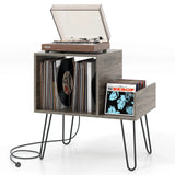 Record Player Stand with Power Outlet and Removable Dividers-Grey