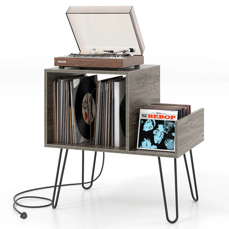 Record Player Stand with Power Outlet and Removable Dividers-Grey
