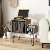 Record Player Stand with Power Outlet and Removable Dividers-Grey