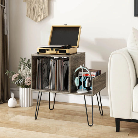 Record Player Stand with Power Outlet and Removable Dividers-Grey