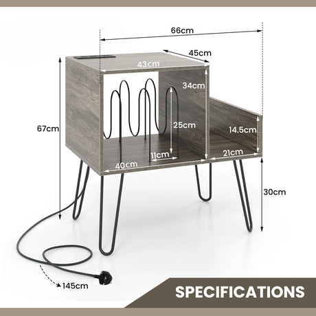 Record Player Stand with Power Outlet and Removable Dividers-Grey