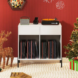 Record Player Stand with Power Outlets and Drawers for Living Room-White