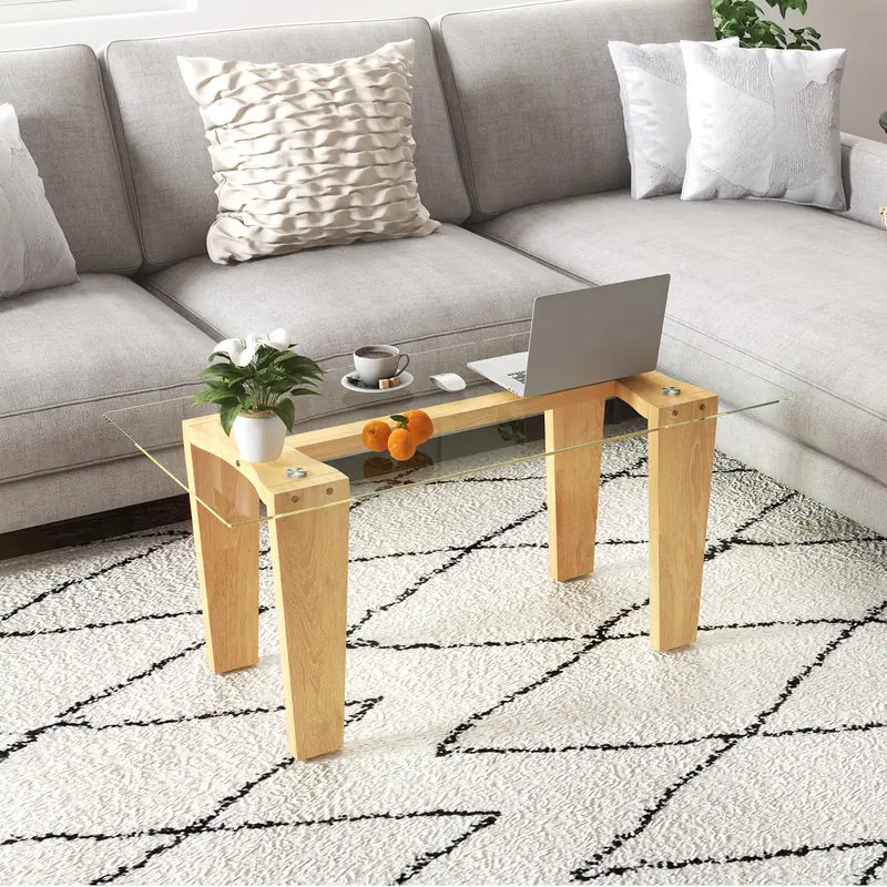 Rectangle Coffee Table with Transparent Tabletop and Rubber Wood Frame-Natural