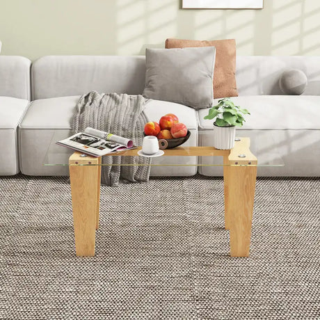 Rectangle Coffee Table with Transparent Tabletop and Rubber Wood Frame-Natural