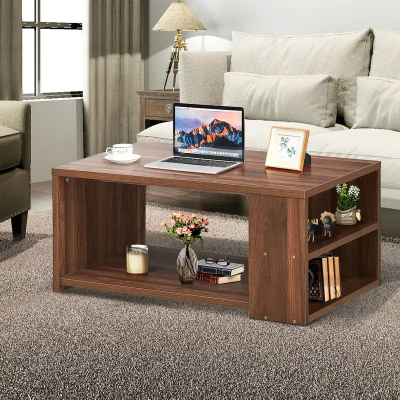 Coffee Table Sofa Side Table with Storage Shelves-Walnut