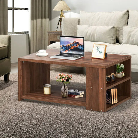 Coffee Table Sofa Side Table with Storage Shelves-Walnut