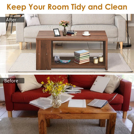 Coffee Table Sofa Side Table with Storage Shelves-Walnut