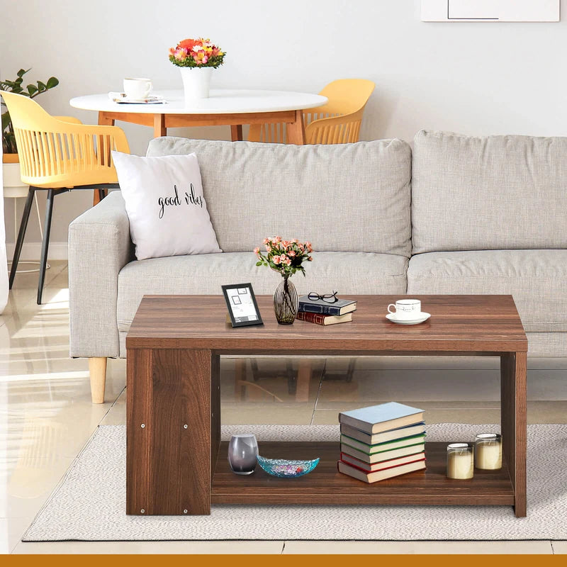 Coffee Table Sofa Side Table with Storage Shelves-Walnut