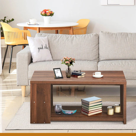 Coffee Table Sofa Side Table with Storage Shelves-Walnut