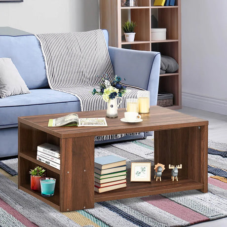 Coffee Table Sofa Side Table with Storage Shelves-Walnut