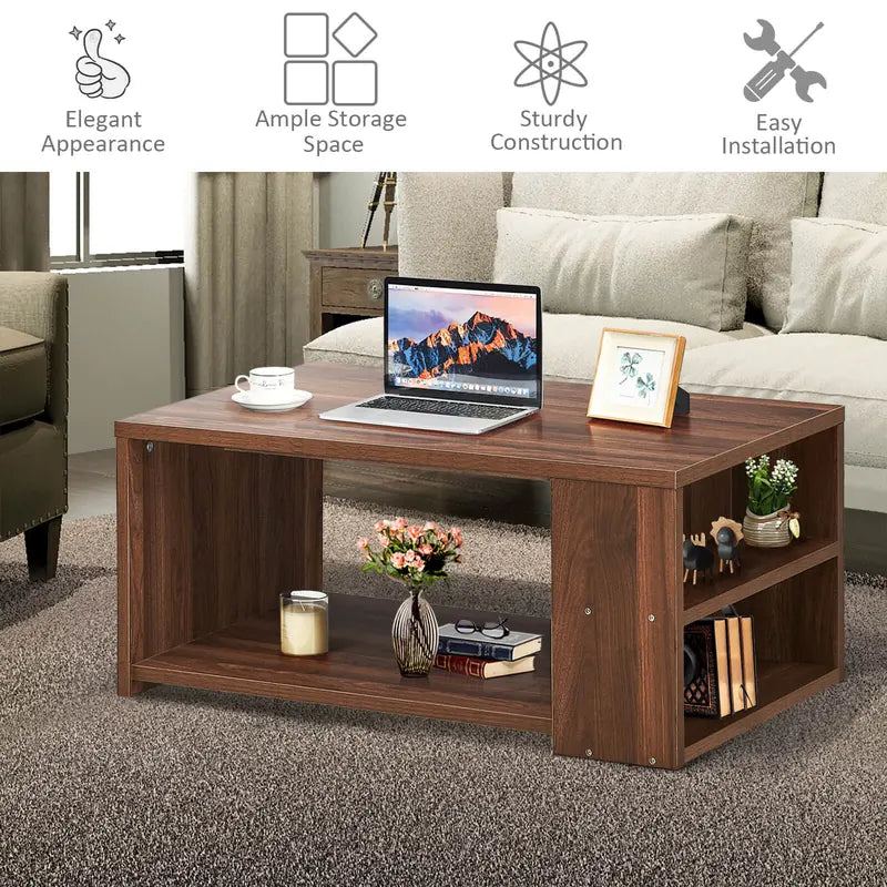 Coffee Table Sofa Side Table with Storage Shelves-Walnut