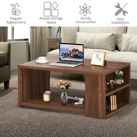Coffee Table Sofa Side Table with Storage Shelves-Walnut