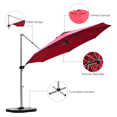 11 Feet Patio Offset Cantilever Umbrella 360 Rotation Aluminum Tilt-Red