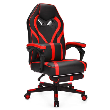 Ergonomic Swivel Gaming Chair with Retractable Footrest and Lumbar Support-Red