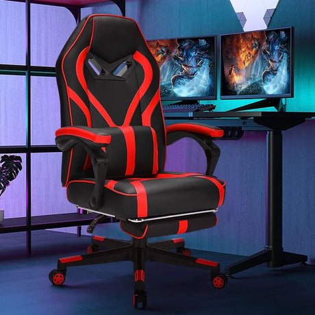 Ergonomic Swivel Gaming Chair with Retractable Footrest and Lumbar Support-Red