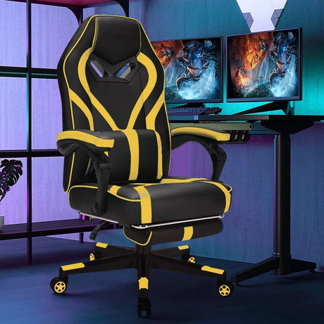 Ergonomic Swivel Gaming Chair with Retractable Footrest and Lumbar Support-Yellow