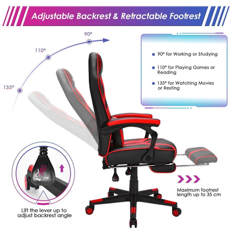 Ergonomic Swivel Gaming Chair with Retractable Footrest and Lumbar Support-Red