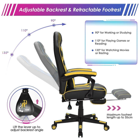 Ergonomic Swivel Gaming Chair with Retractable Footrest and Lumbar Support-Yellow
