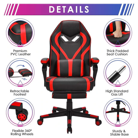 Ergonomic Swivel Gaming Chair with Retractable Footrest and Lumbar Support-Red