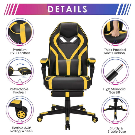 Ergonomic Swivel Gaming Chair with Retractable Footrest and Lumbar Support-Yellow
