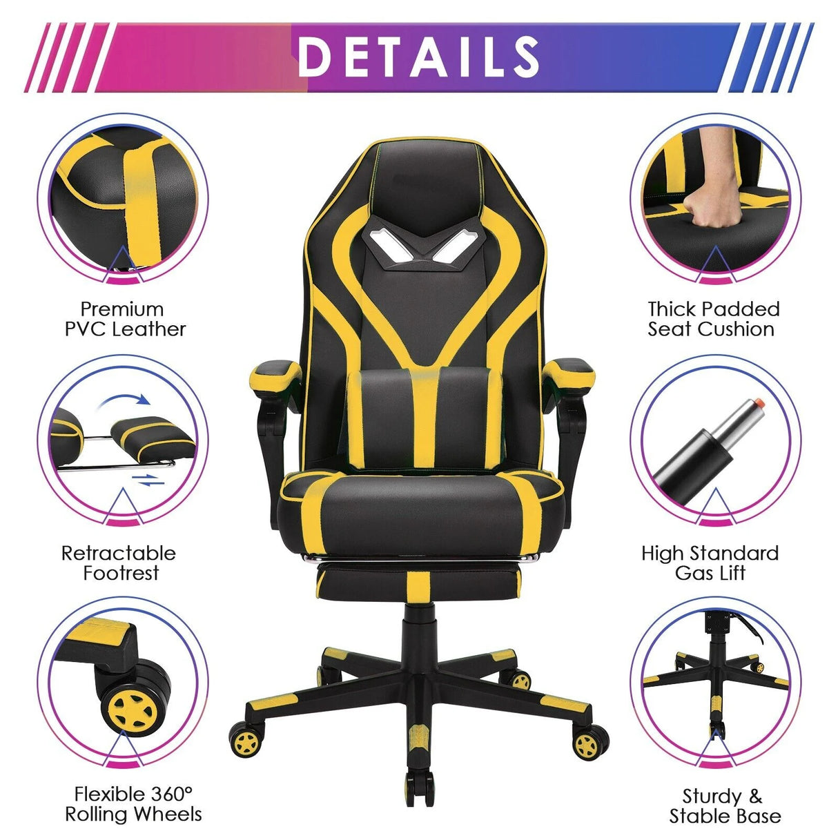 Ergonomic Swivel Gaming Chair with Retractable Footrest and Lumbar Support-Yellow