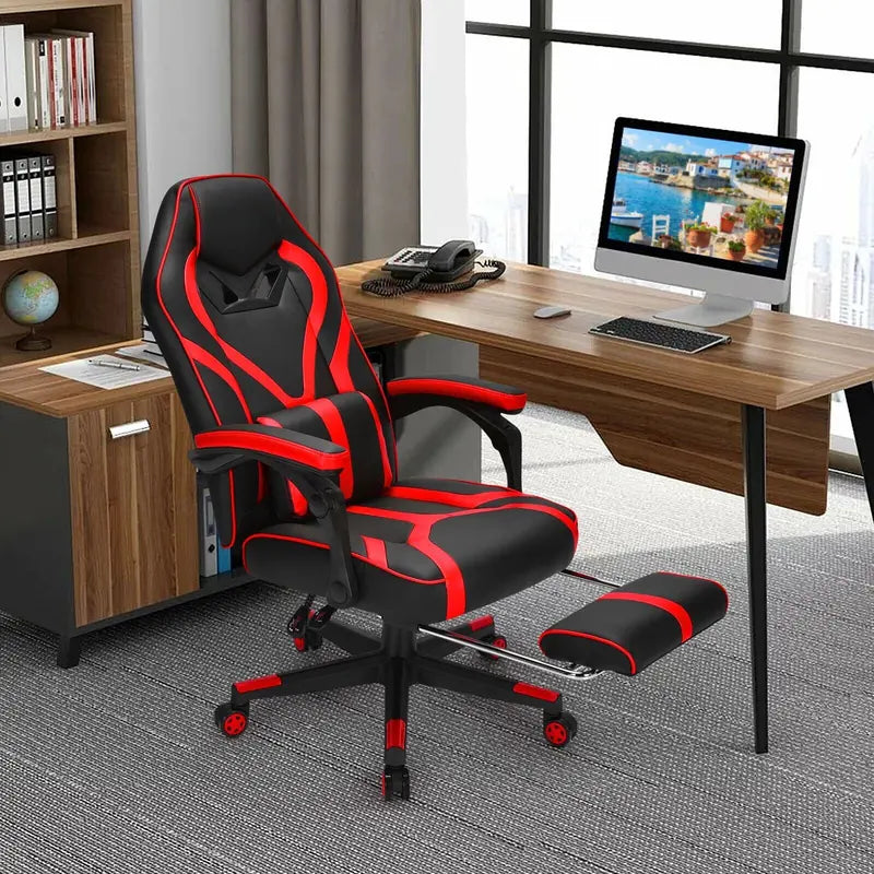 Ergonomic Swivel Gaming Chair with Retractable Footrest and Lumbar Support-Red