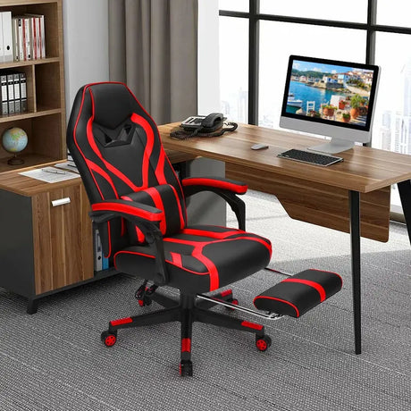 Ergonomic Swivel Gaming Chair with Retractable Footrest and Lumbar Support-Red