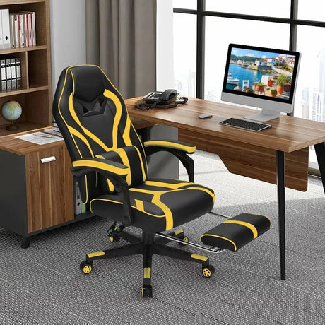 Ergonomic Swivel Gaming Chair with Retractable Footrest and Lumbar Support-Yellow