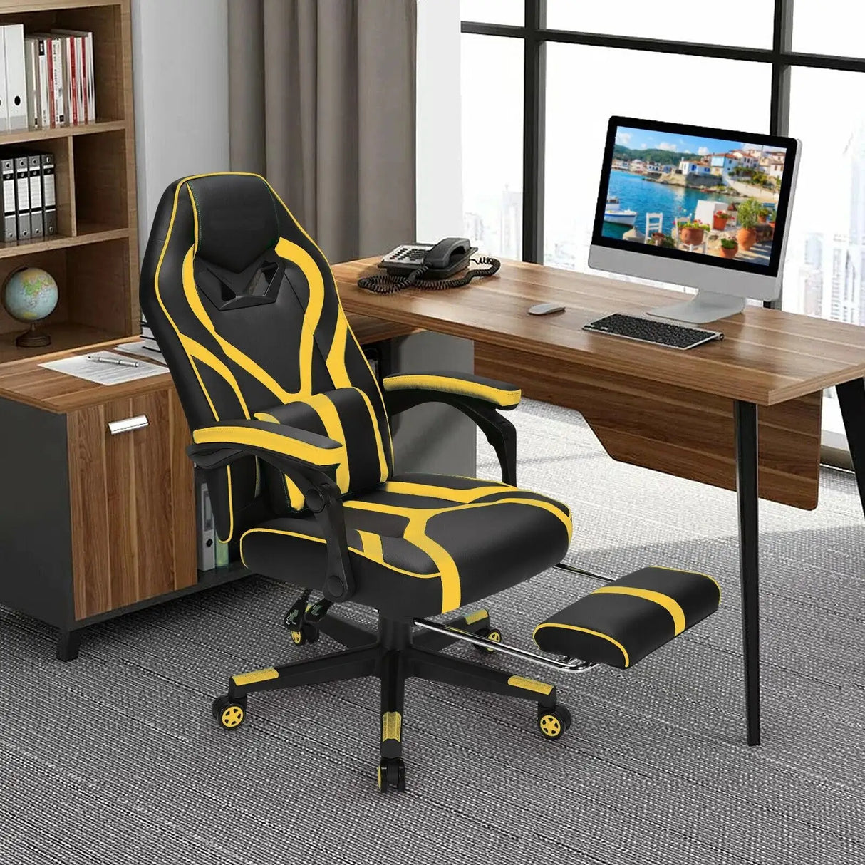 Ergonomic Swivel Gaming Chair with Retractable Footrest and Lumbar Support-Yellow