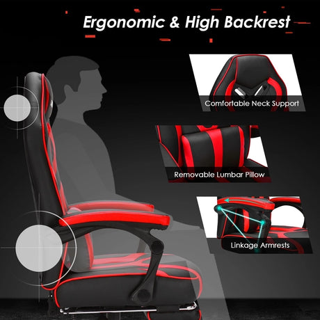 Ergonomic Swivel Gaming Chair with Retractable Footrest and Lumbar Support-Red