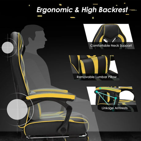 Ergonomic Swivel Gaming Chair with Retractable Footrest and Lumbar Support-Yellow