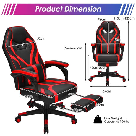 Ergonomic Swivel Gaming Chair with Retractable Footrest and Lumbar Support-Red
