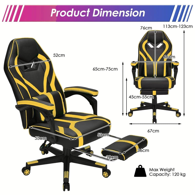Ergonomic Swivel Gaming Chair with Retractable Footrest and Lumbar Support-Yellow