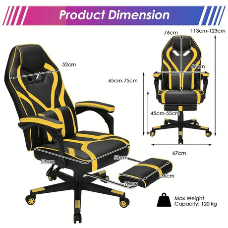 Ergonomic Swivel Gaming Chair with Retractable Footrest and Lumbar Support-Yellow