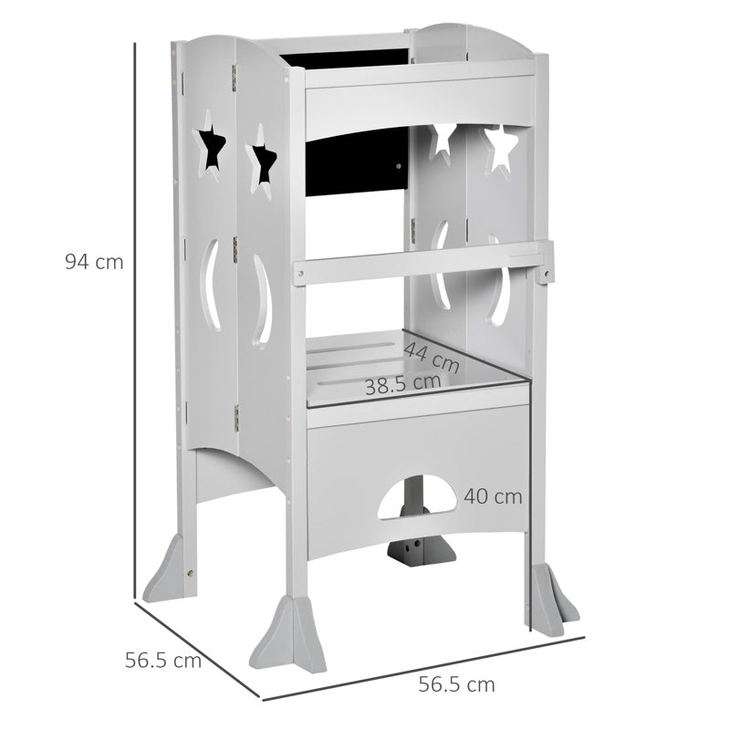 HOMCOM Kids Step Stool Toddler Kitchen Stool with Blackboard Lockable Handrail for Kids Kitchen Counter Grey