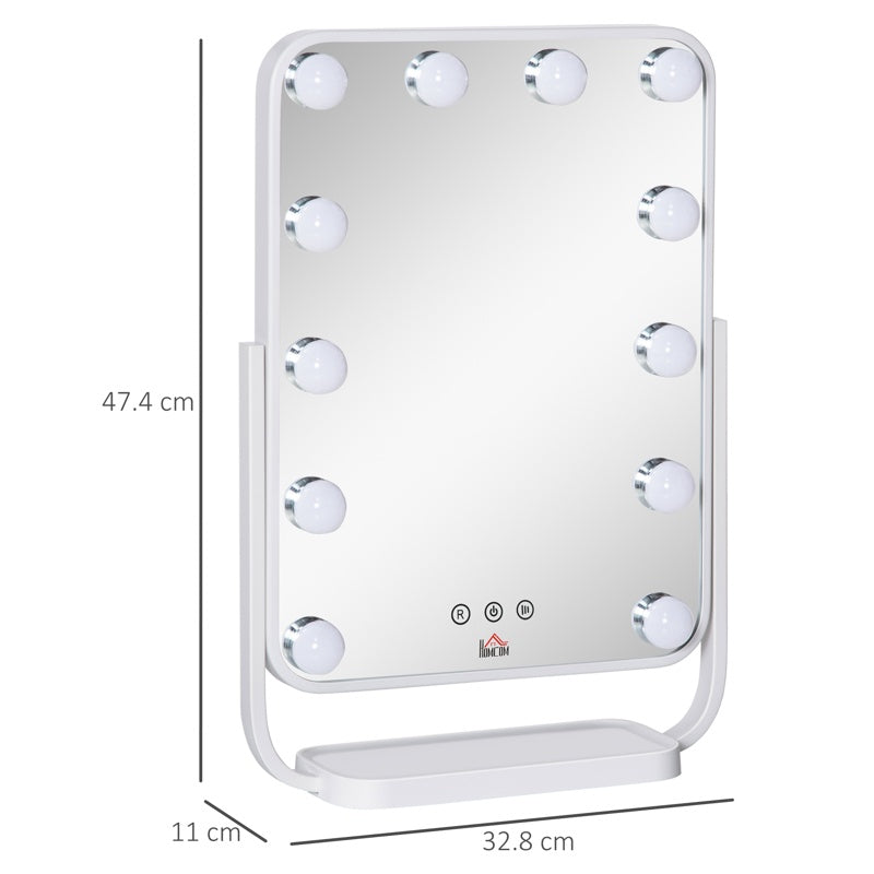 HOMCOM Hollywood Makeup Mirror with LED Lights, Tabletop Vanity Mirror with 12 Dimmable LED Bulbs, Memory Function and Metal Frame, White