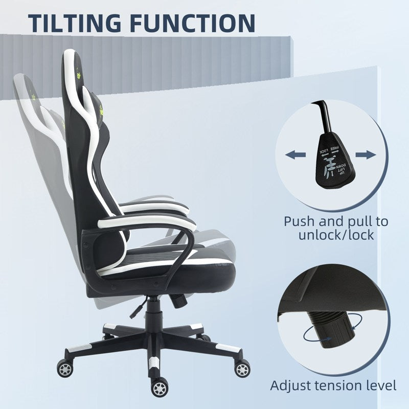 Vinsetto Gaming Chair, Computer Desk Chair with Lumbar Support, Faux Leather Racing Chair with Headrest and Swivel Wheels for Home Office, Black White