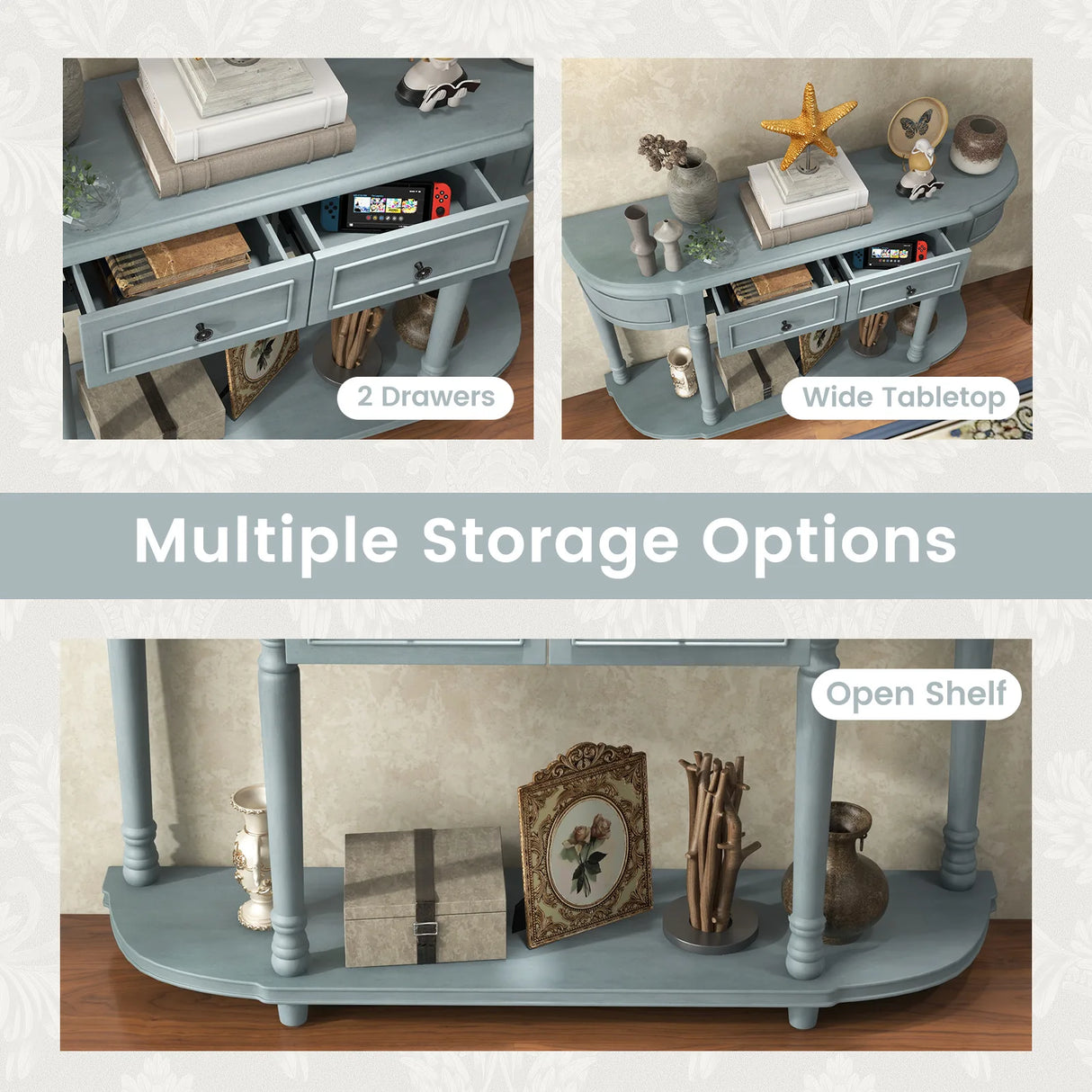 52" Retro Console Table with 2 Drawers and Open Shelf Entryway Sofa Table-Blue