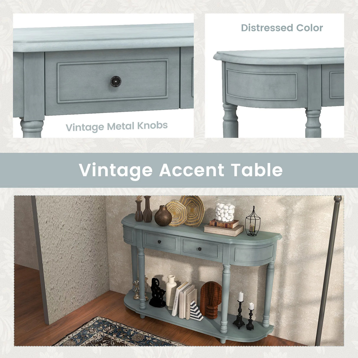 52" Retro Console Table with 2 Drawers and Open Shelf Entryway Sofa Table-Blue