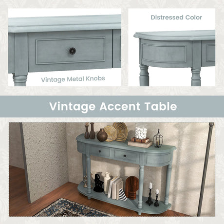 52" Retro Console Table with 2 Drawers and Open Shelf Entryway Sofa Table-Blue