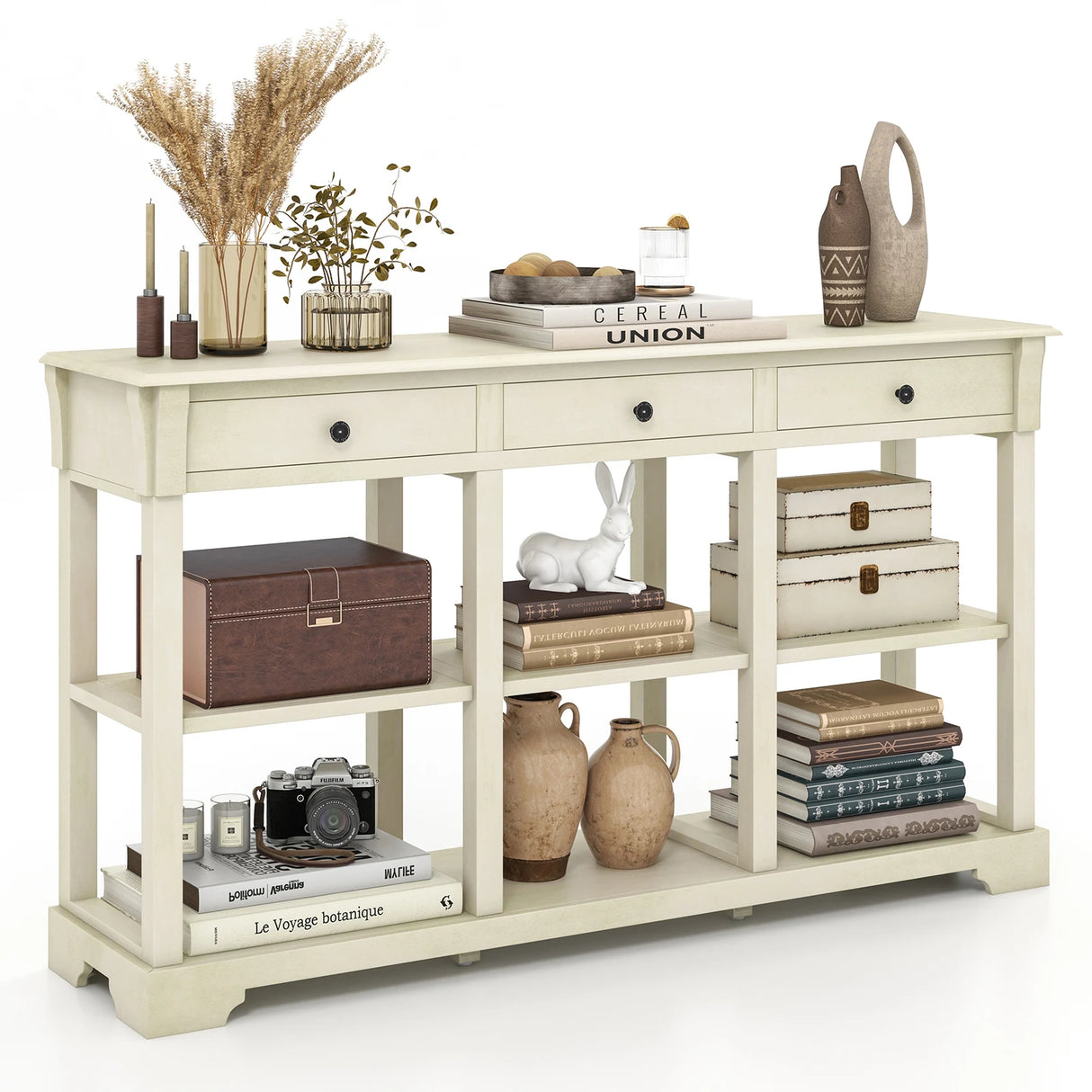 Retro Console Table with 3 Drawers and Open Shelves-White