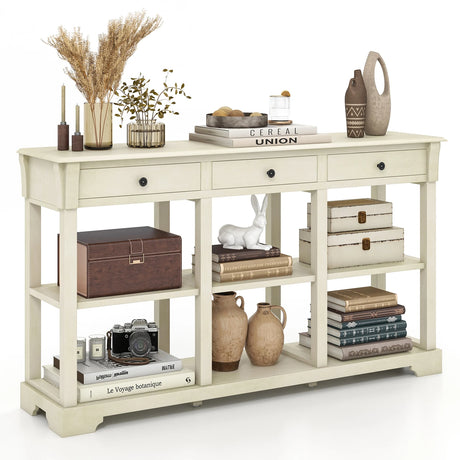 Retro Console Table with 3 Drawers and Open Shelves-White