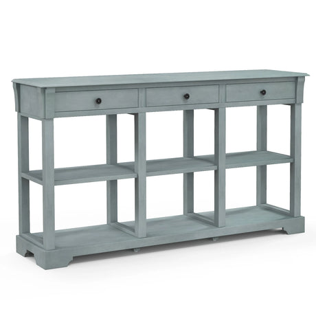 58" Retro Console Table with 3 Drawers and Open Shelves Rectangular Entryway Table-Blue