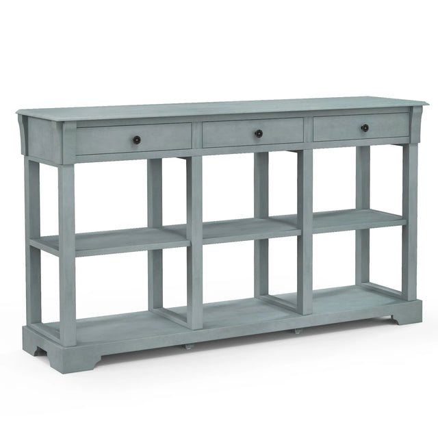 58" Retro Console Table with 3 Drawers and Open Shelves Rectangular Entryway Table-Blue