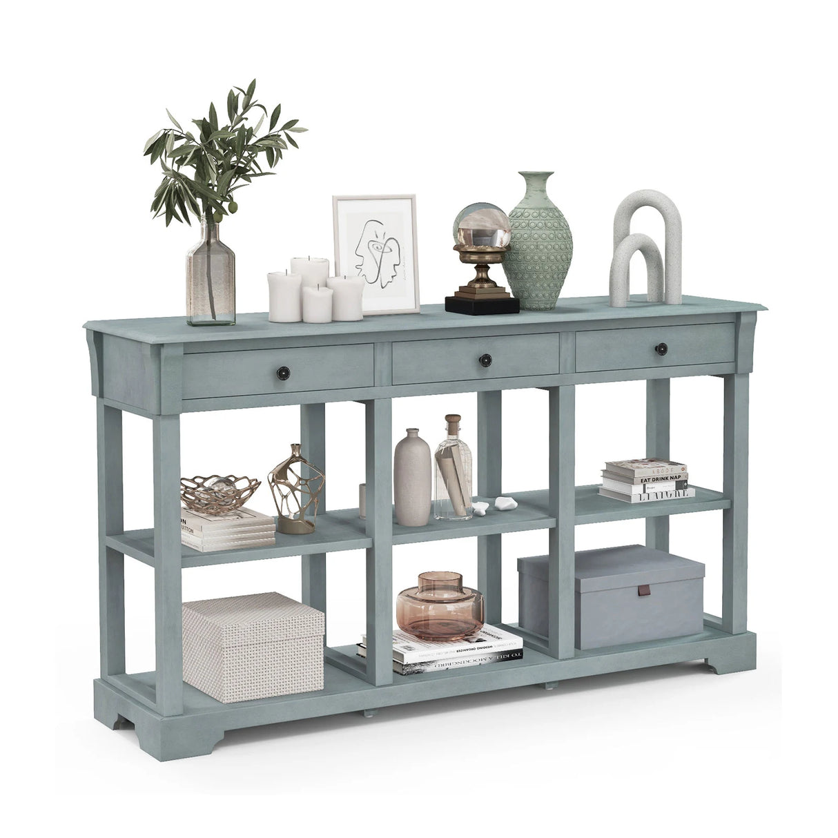 58" Retro Console Table with 3 Drawers and Open Shelves Rectangular Entryway Table-Blue