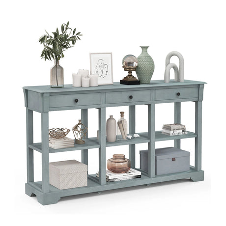 58" Retro Console Table with 3 Drawers and Open Shelves Rectangular Entryway Table-Blue