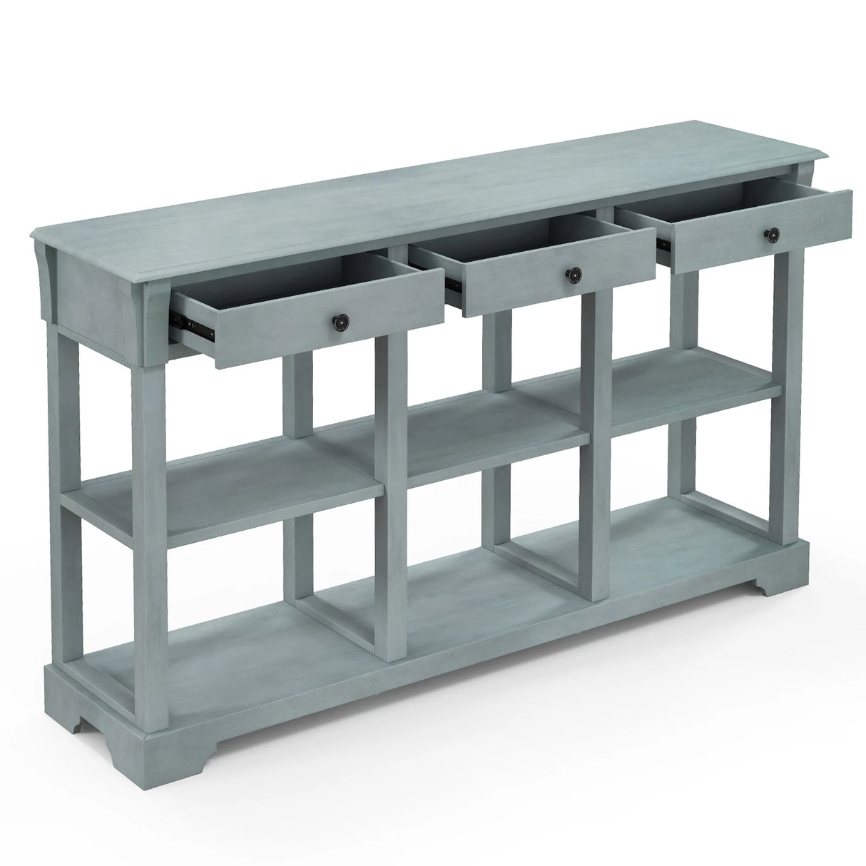 58" Retro Console Table with 3 Drawers and Open Shelves Rectangular Entryway Table-Blue