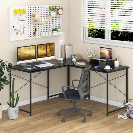 95 Inch 2-Person L-Shaped Long Reversible Computer Desk with Monitor Stand-Black